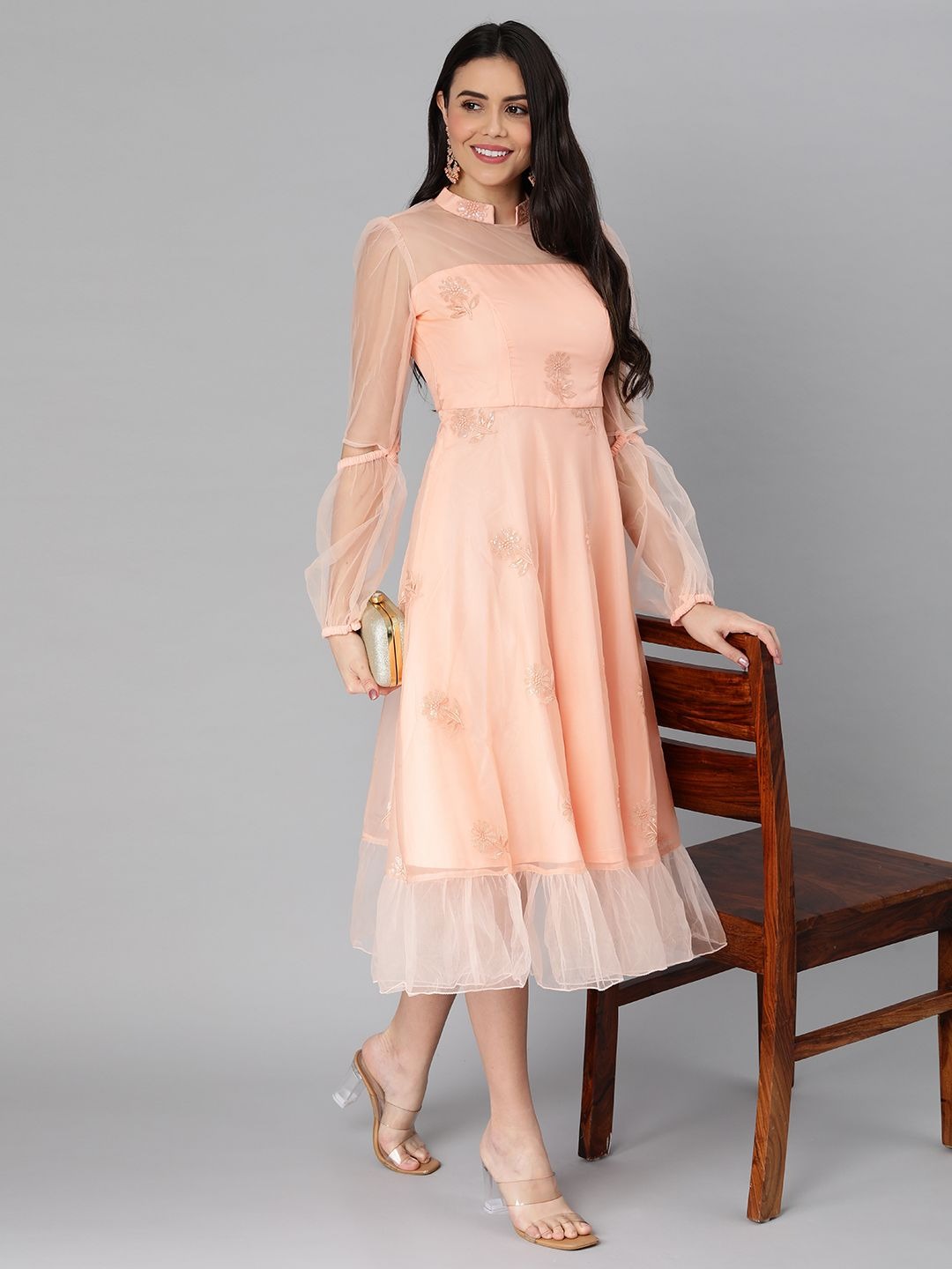 Bollywood Vogue Ready To Wear Peach Organza Embroidered Midi Dress - Front View