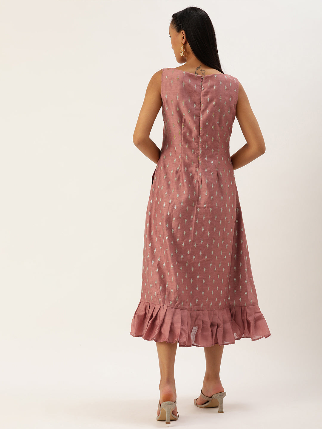 Bollywood Vogue Ready To Wear Peach Art Silk Foil Print Dress - Side View