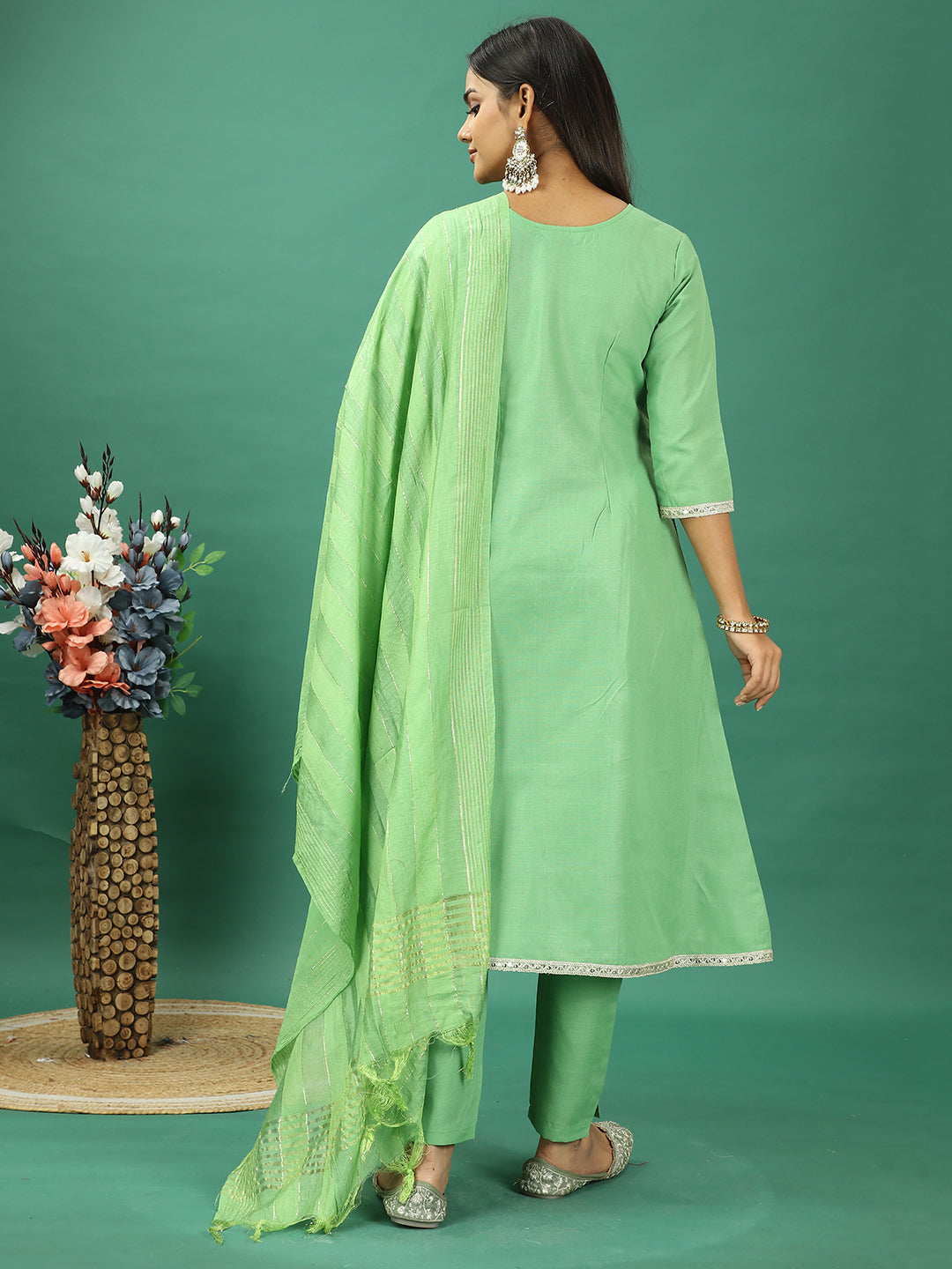 Bollywood Vogue Ready To Wear Green Rayon Embroidered Narrow Straight Pant Suit - Back View