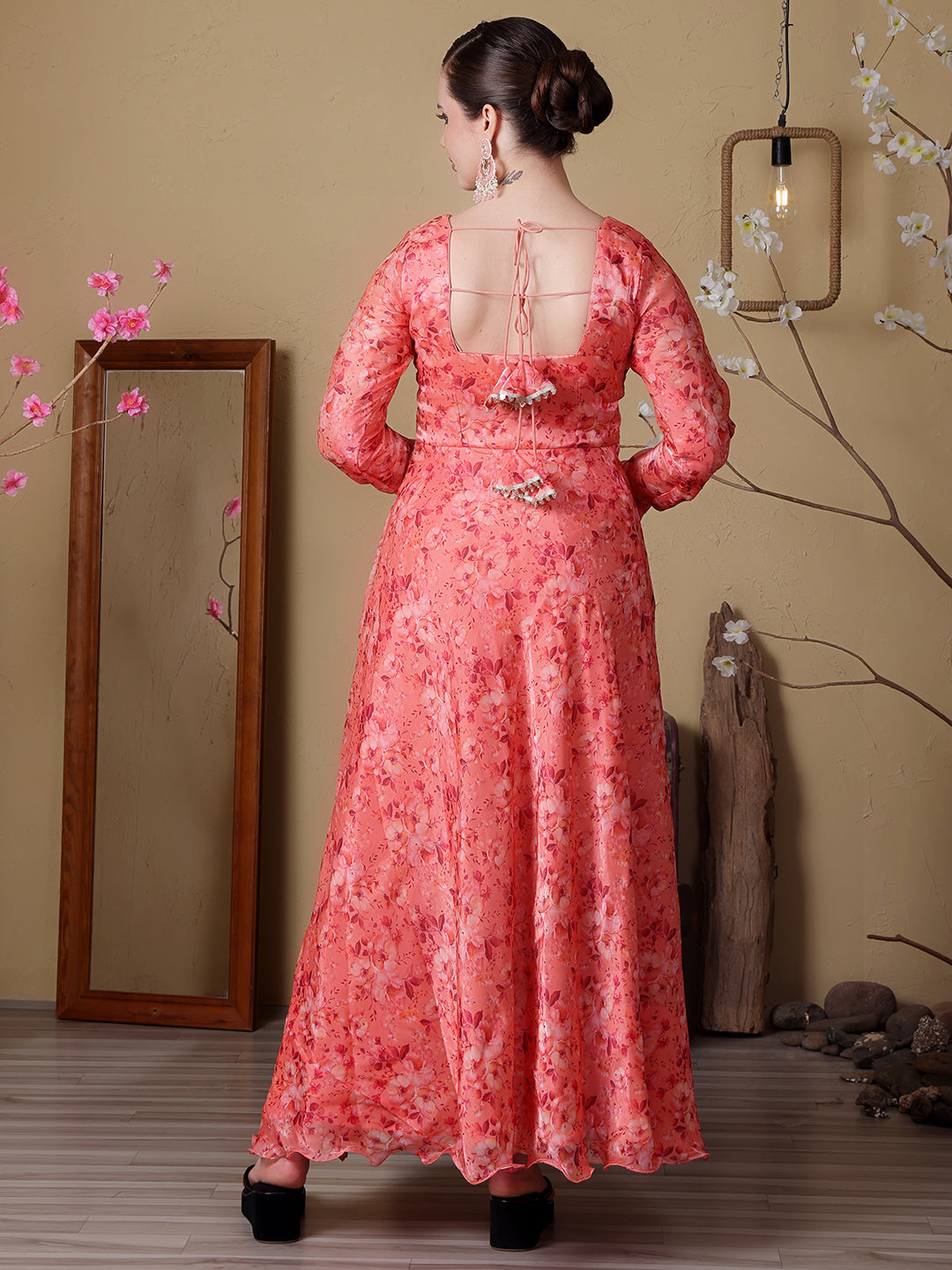 Bollywood Vogue Ready To Wear Peach Organza Satin Printed Anarkali Suit - Detail View