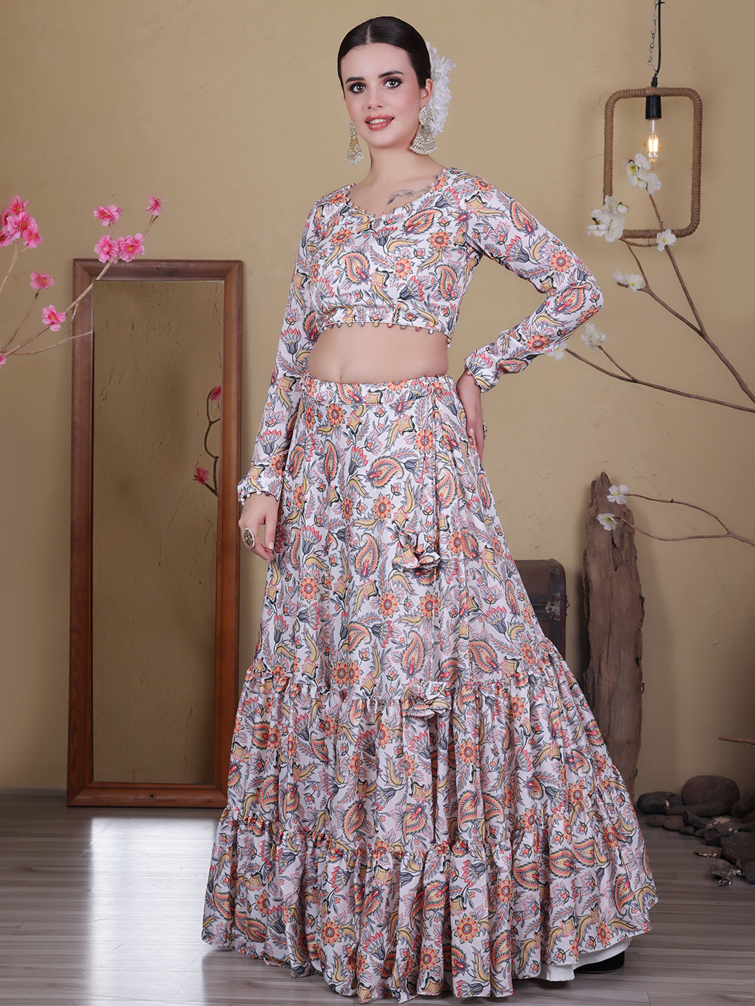 Bollywood Vogue Ready To Wear White Satin Digital Print Lehenga Set - Side View
