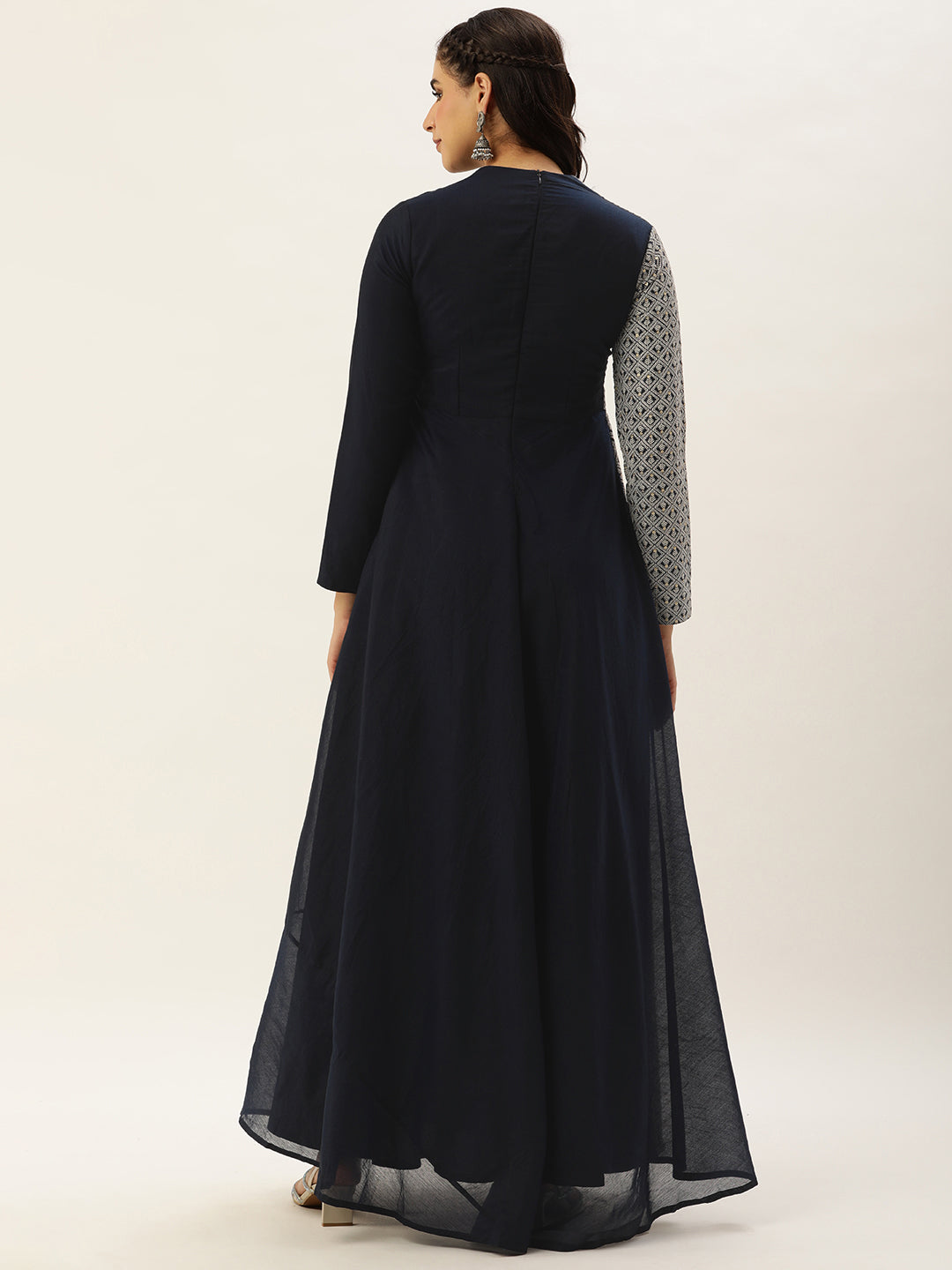 Bollywood Vogue Ready To Wear Blue Embroidered Art Silk Half N Half Gown - Back View