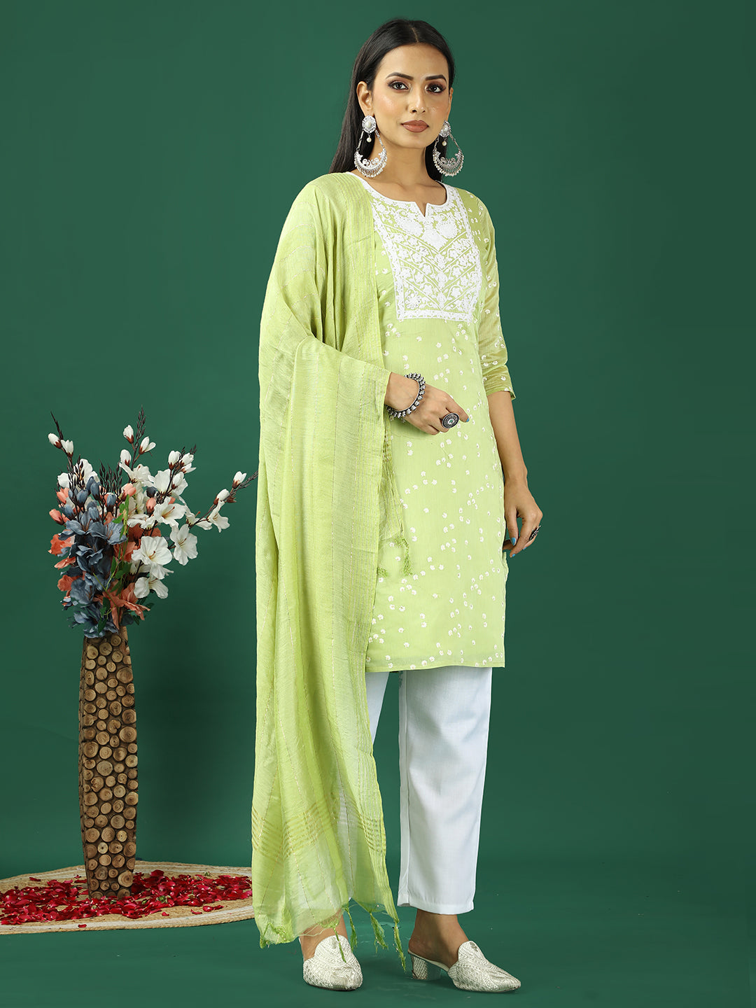 Bollywood Vogue Ready To Wear Light Green Cotton Foil Printed Straight Pant Suit - Side View