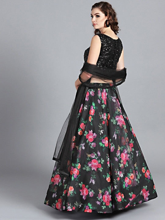 Bollywood Vogue Ready To Wear Plunge Black Printed Organza Lehenga - Back View