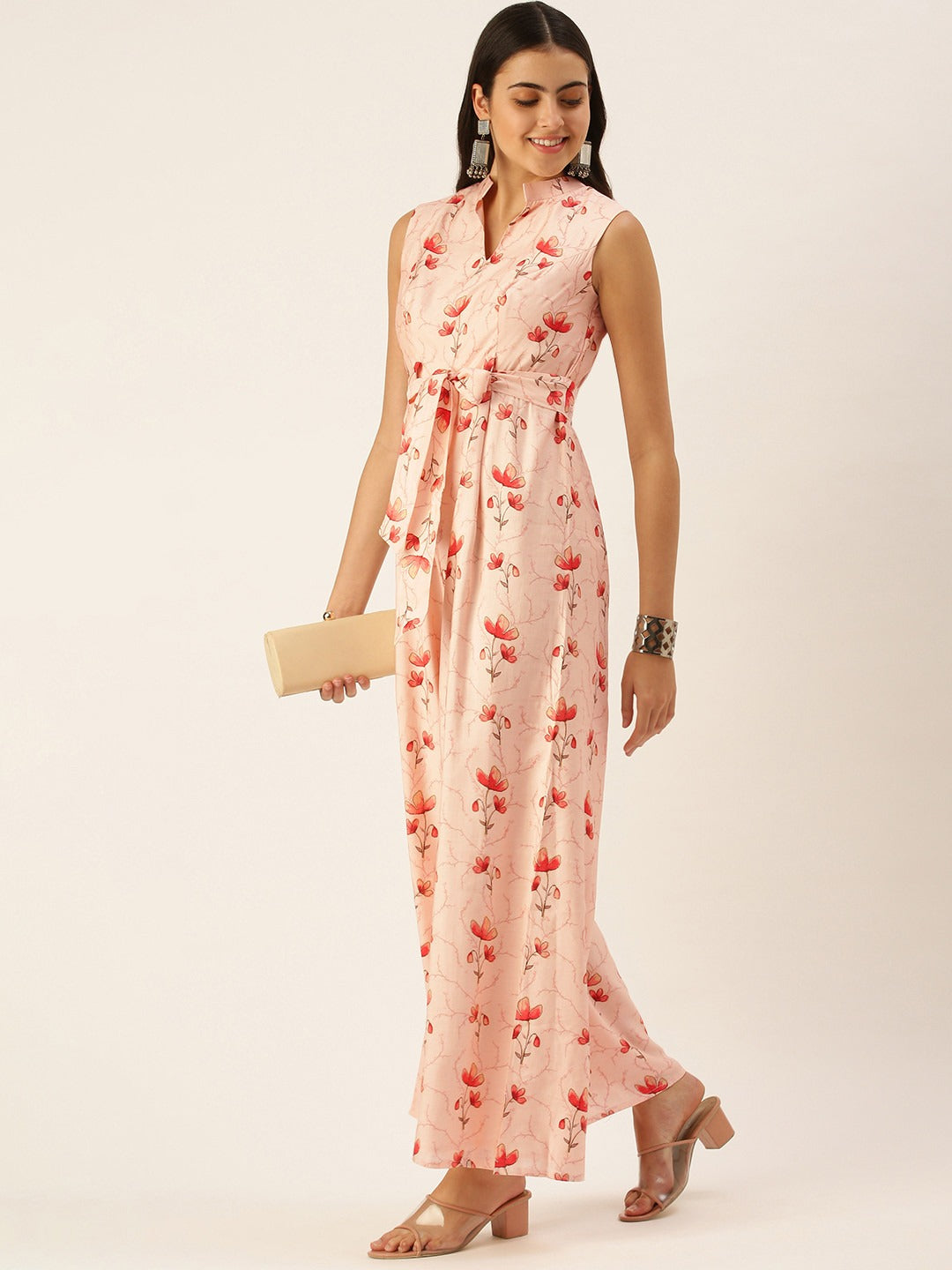 Bollywood Vogue Ready To Wear Off White Chanderi Modal Satin Collar Neck Jumpsuit - Side View