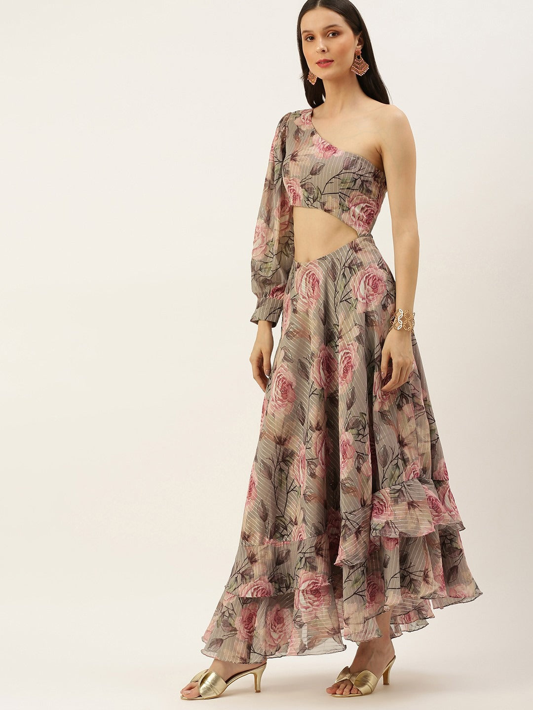 Bollywood Vogue Ready To Wear Multicolored Digital Printed Floral Gown - Detail View