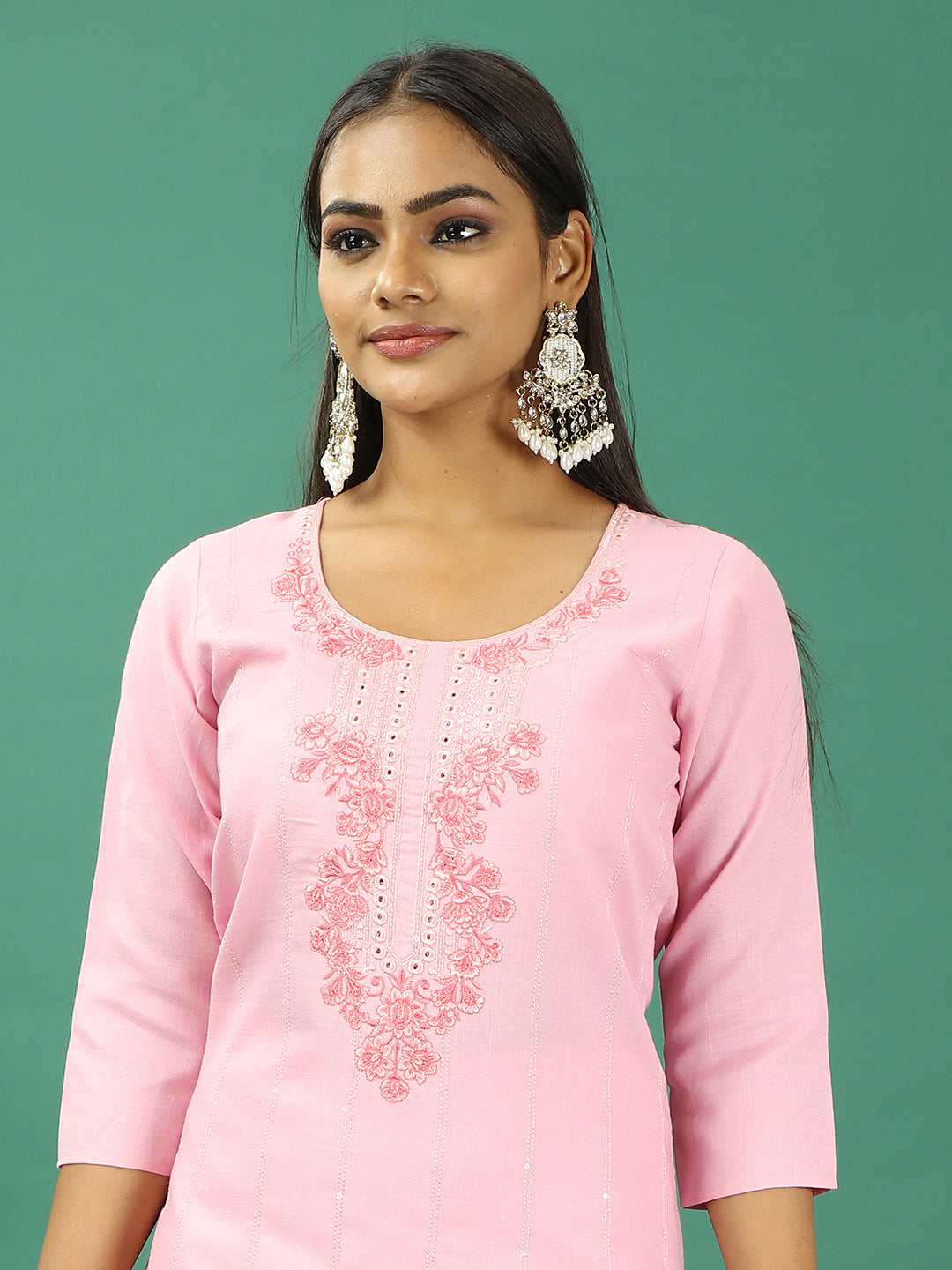 Bollywood Vogue Ready To Wear Pink Rayon Embroidered Straight Pant Suit - Detail View