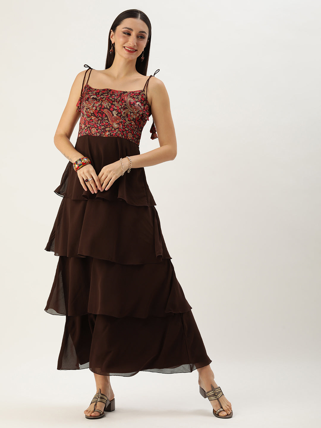Bollywood Vogue Ready To Wear Multicolored Art Silk Printed N Brown Layered Dress - Front View
