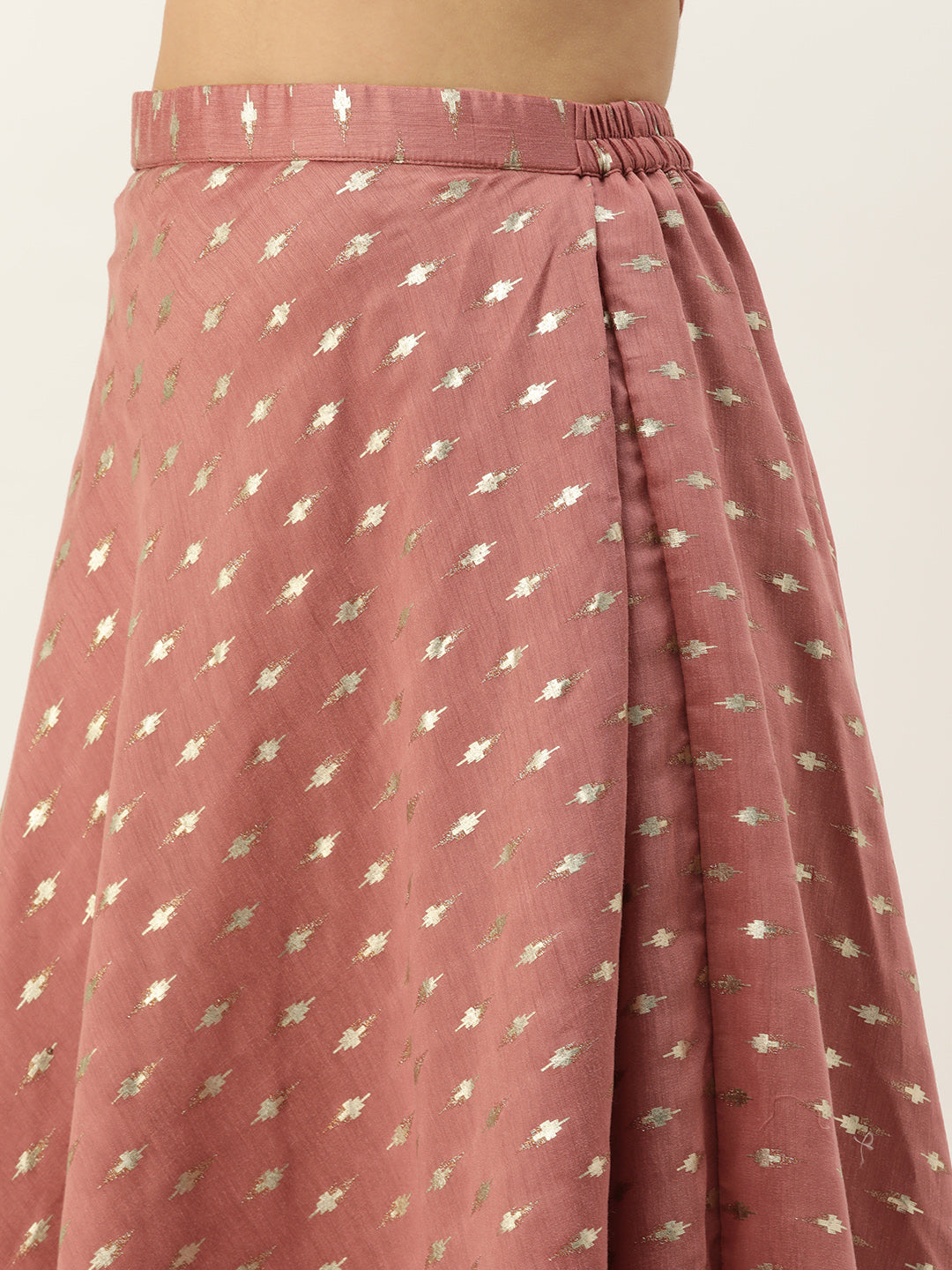 Bollywood Vogue Ready To Wear Peach Foil Printed Crop Top N Skirt With Jacket - Back View