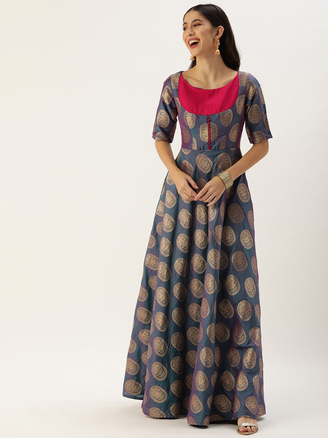 Bollywood Vogue Ready To Wear Blue Taffeta Jacquard Half Circular Dress - Front View