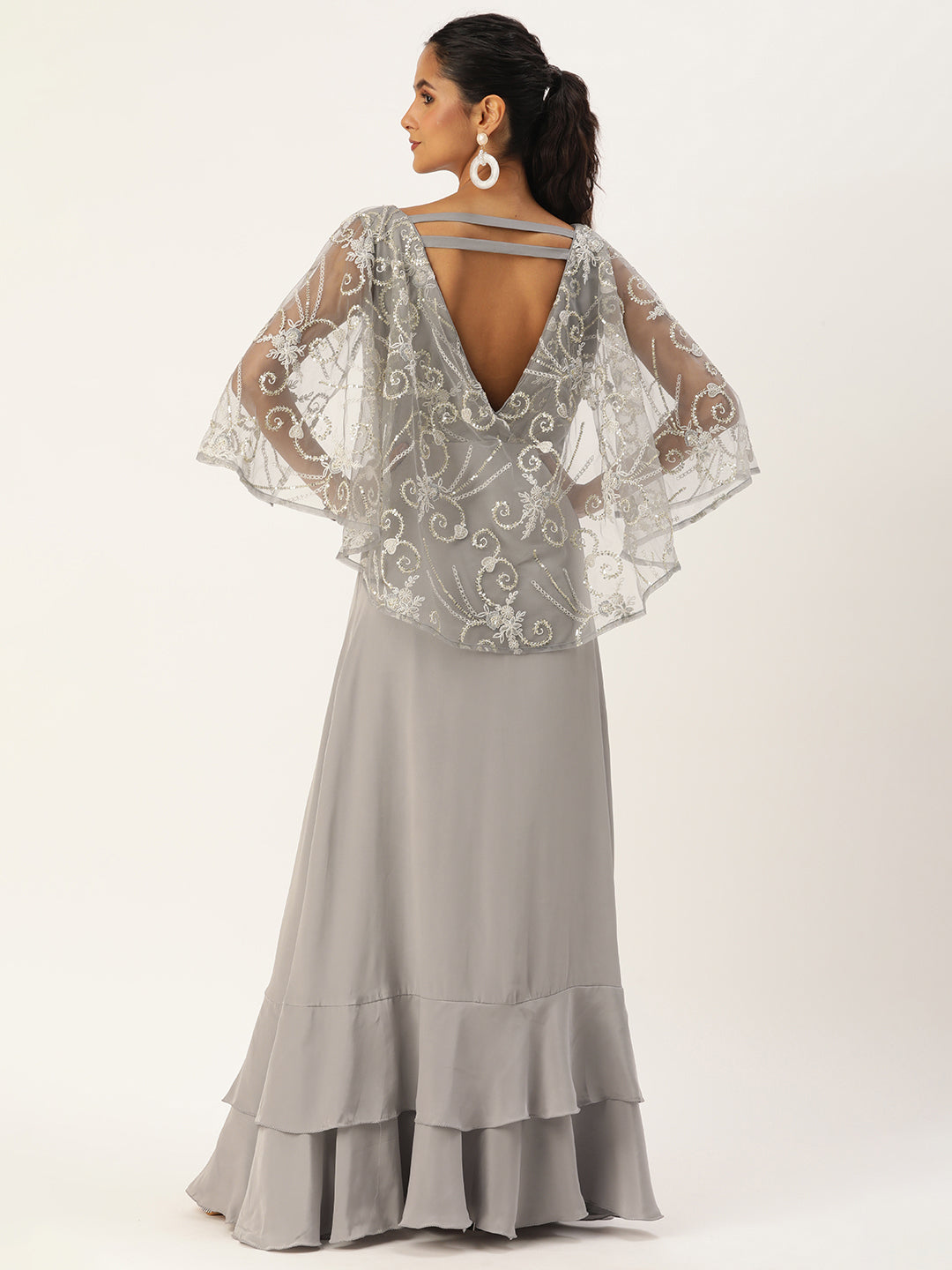 Bollywood Vogue Ready To Wear Grey Net Embroidered N French Crepe Gown - Back View