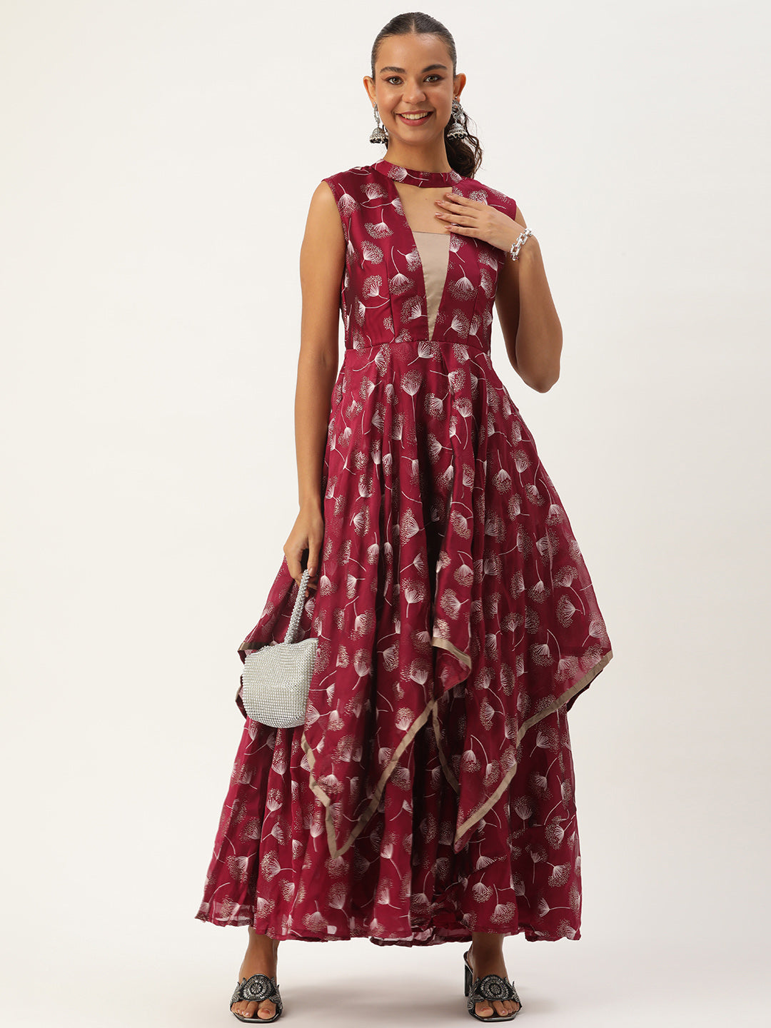 Bollywood Vogue Ready To Wear Maroon Satin Blend Foil Printed Dress - Front View