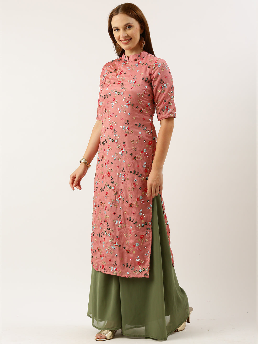 Bollywood Vogue Ready To Wear Rouge Pink Embroidered Collar Neck Palazzo Suit - Additional View 1