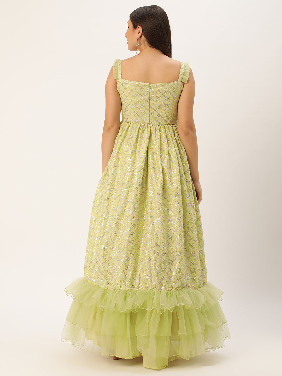 Bollywood Vogue Ready To Wear Green Cotton Sequins Embroidered Gown - Back View