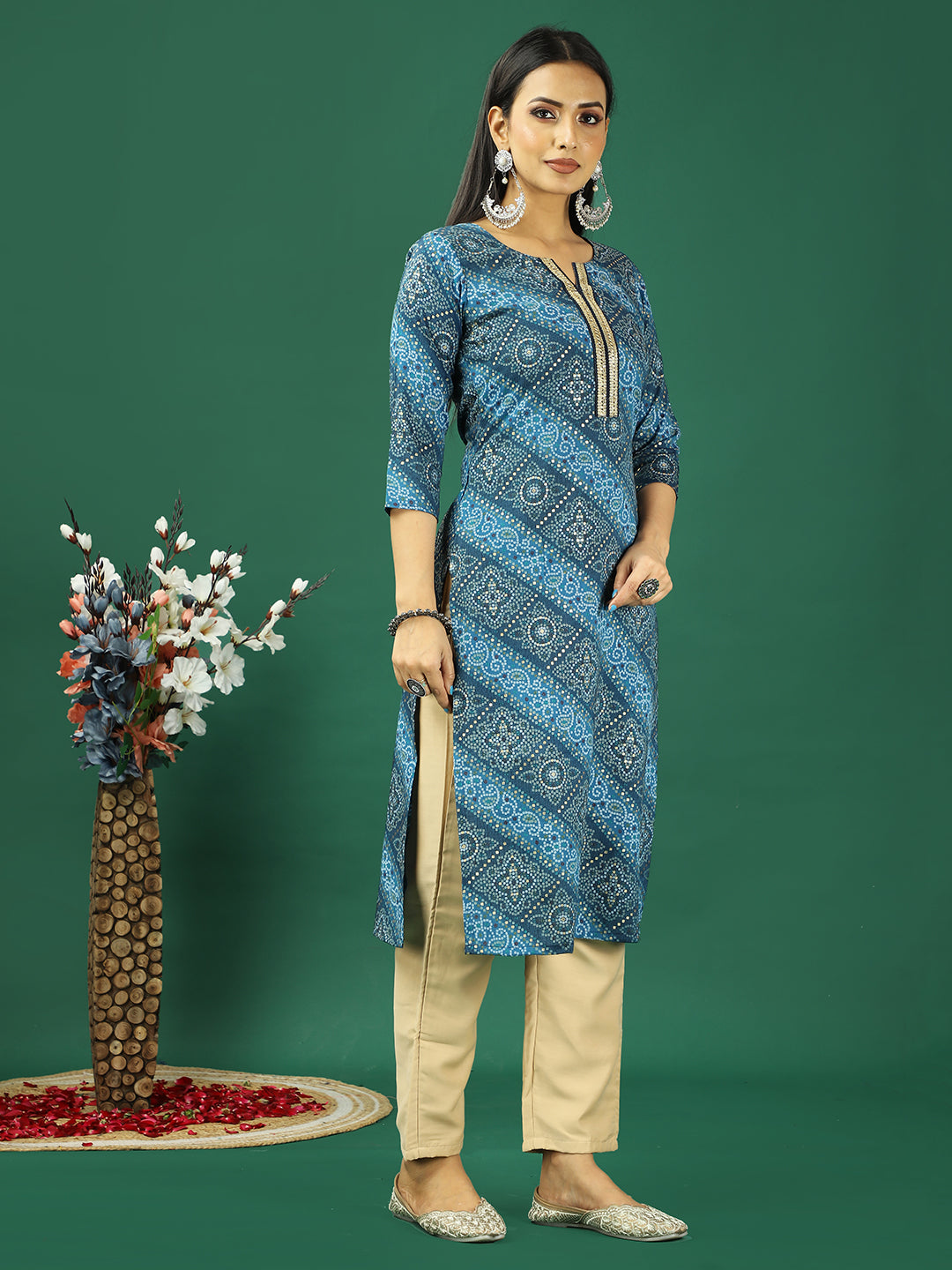 Bollywood Vogue Ready To Wear Blue Foil Print Art Silk Kurta Set - Side View