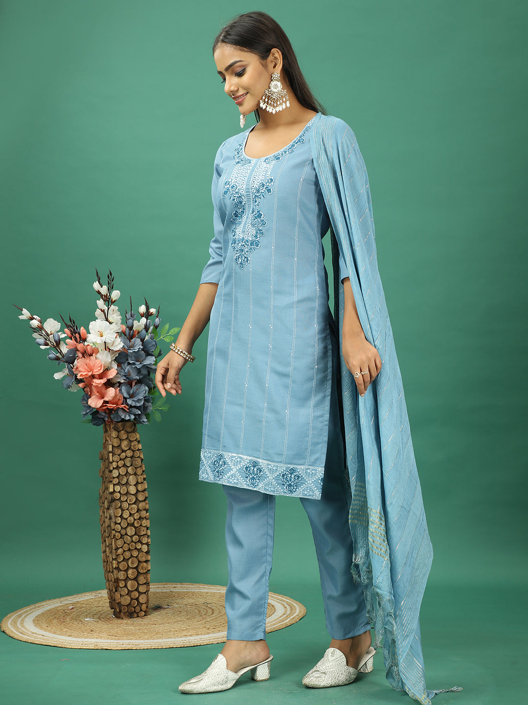Bollywood Vogue Ready To Wear Blue Rayon Embroidered Straight Pant Suit - Additional View 2