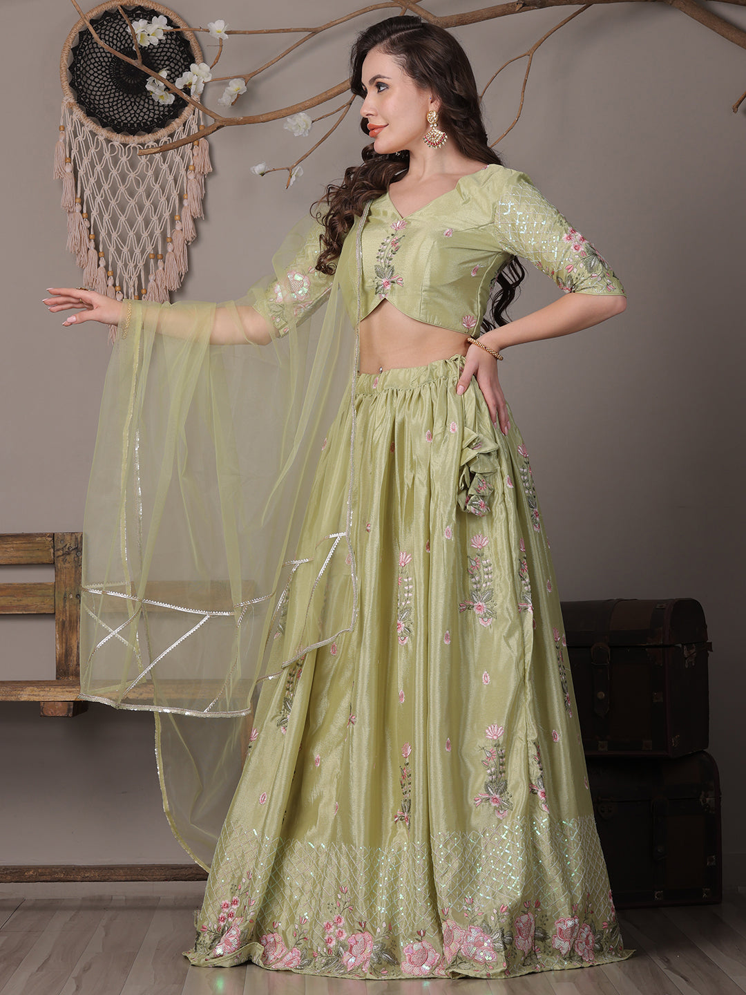 Bollywood Vogue Ready To Wear Green Chinon Embroidered Lehenga - Additional View 2
