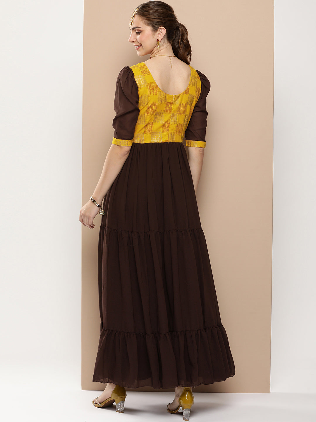 Bollywood Vogue Ready To Wear Yellow Rayon N Brown Georgette Gathers Dress - Back View