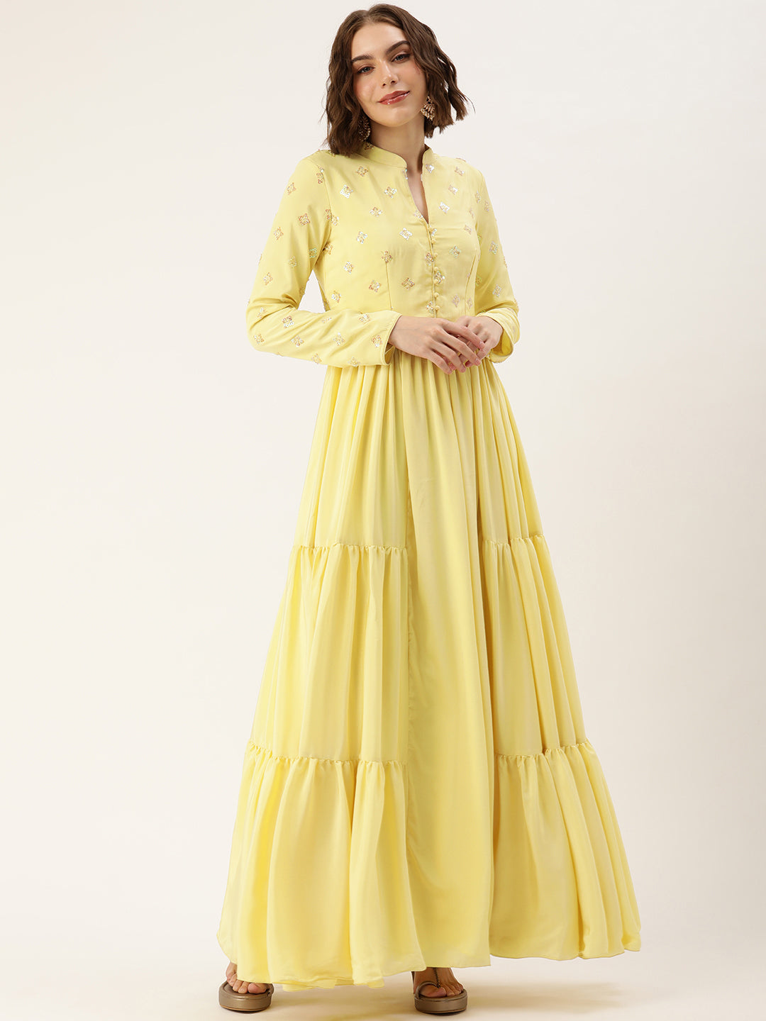 Bollywood Vogue Ready To Wear Yellow Embroidered Art Silk Gown - Front View