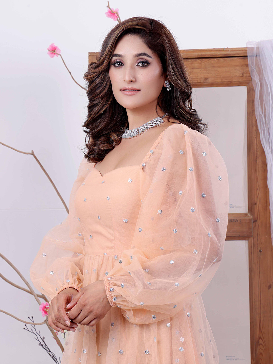 Bollywood Vogue Ready To Wear Peach Embroidered Net Dress - Look Shot