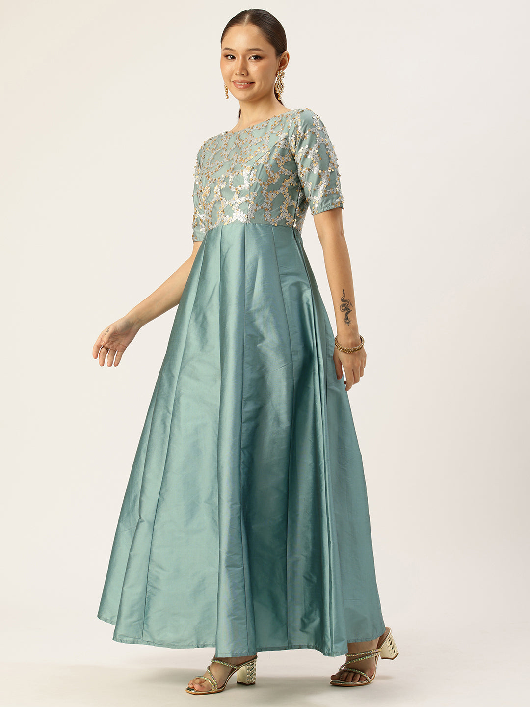 Bollywood Vogue Ready To Wear Blue Embroidered Net Anarkali Suit - Side View