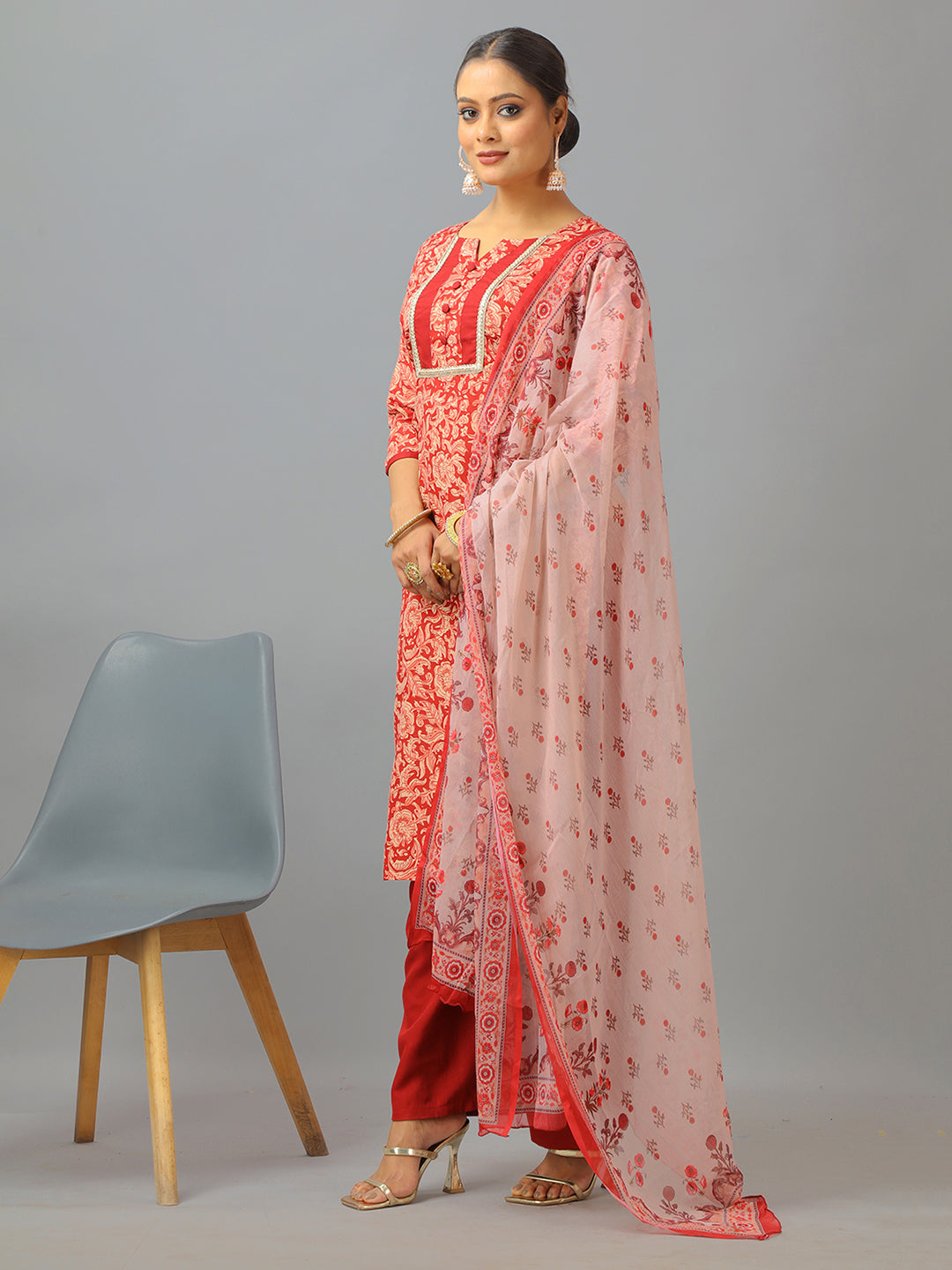 Bollywood Vogue Ready To Wear Maroon Semi Cotton Printed Wide Leg Pant Suit - Side View