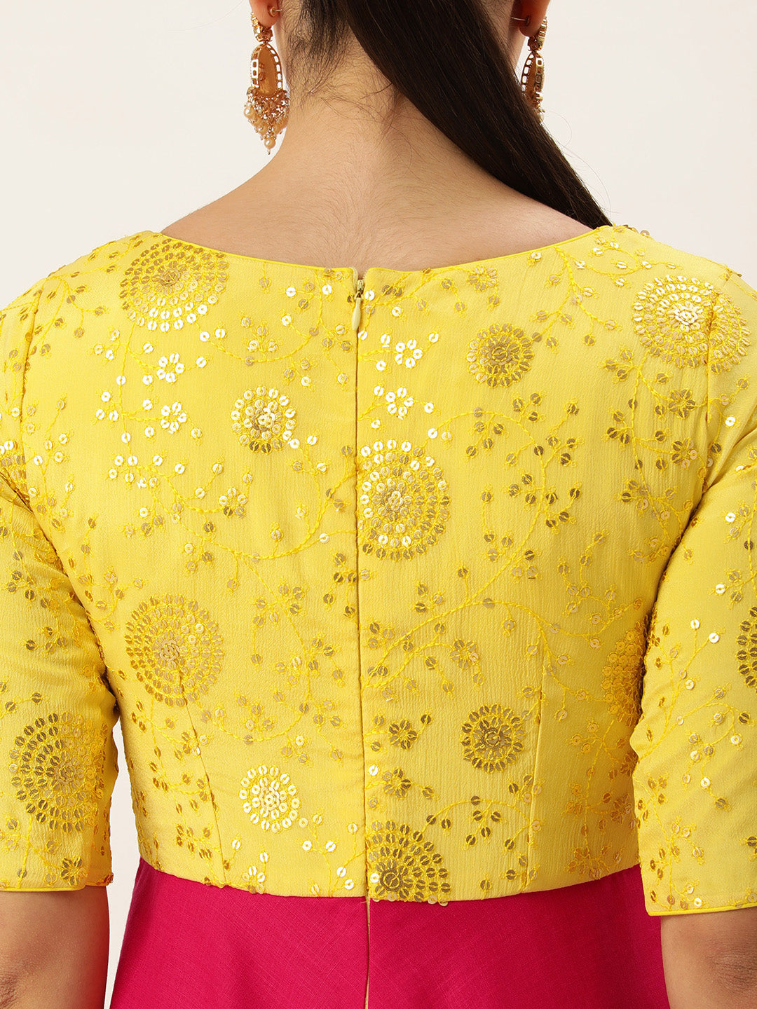 Bollywood Vogue Ready To Wear Yellow N Pink Chinon Embroidered Gown - Look Shot