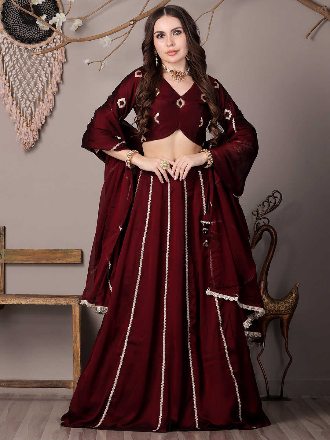 Bollywood Vogue Ready To Wear Wine Silk Embroidered Kali Style Lehenga - Side View
