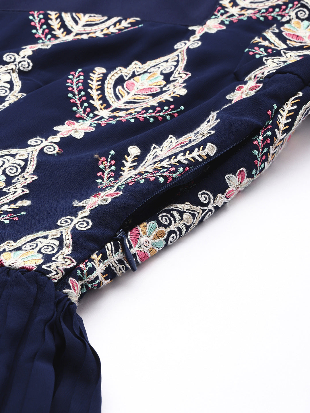 Bollywood Vogue Ready To Wear Navy Blue Embroidered Pleated Georgette Gown - Detail View