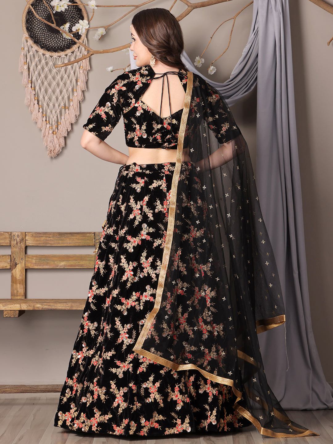 Bollywood Vogue Ready To Wear Black Embroidered Velvet Lehenga - Back View