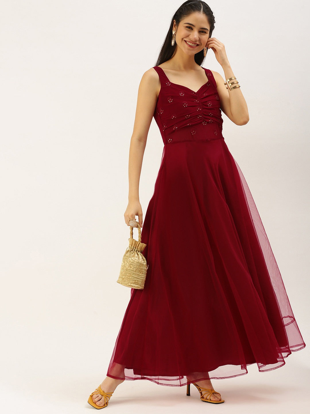 Bollywood Vogue Ready To Wear Maroon N Red Embroidered Dress - Side View