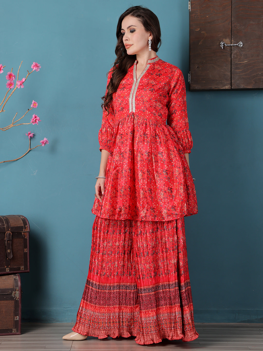 Bollywood Vogue Ready To Wear Red Chinon Digital Printed Palazzo Suit - Side View