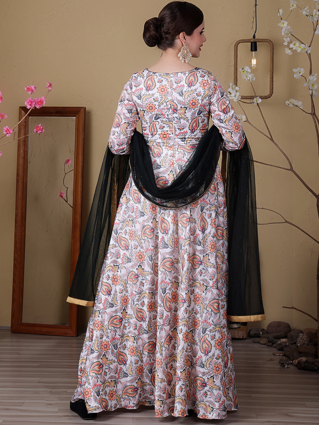 Bollywood Vogue Ready To Wear White N Green Satin Digital Printed Anarkali Suit - Back View