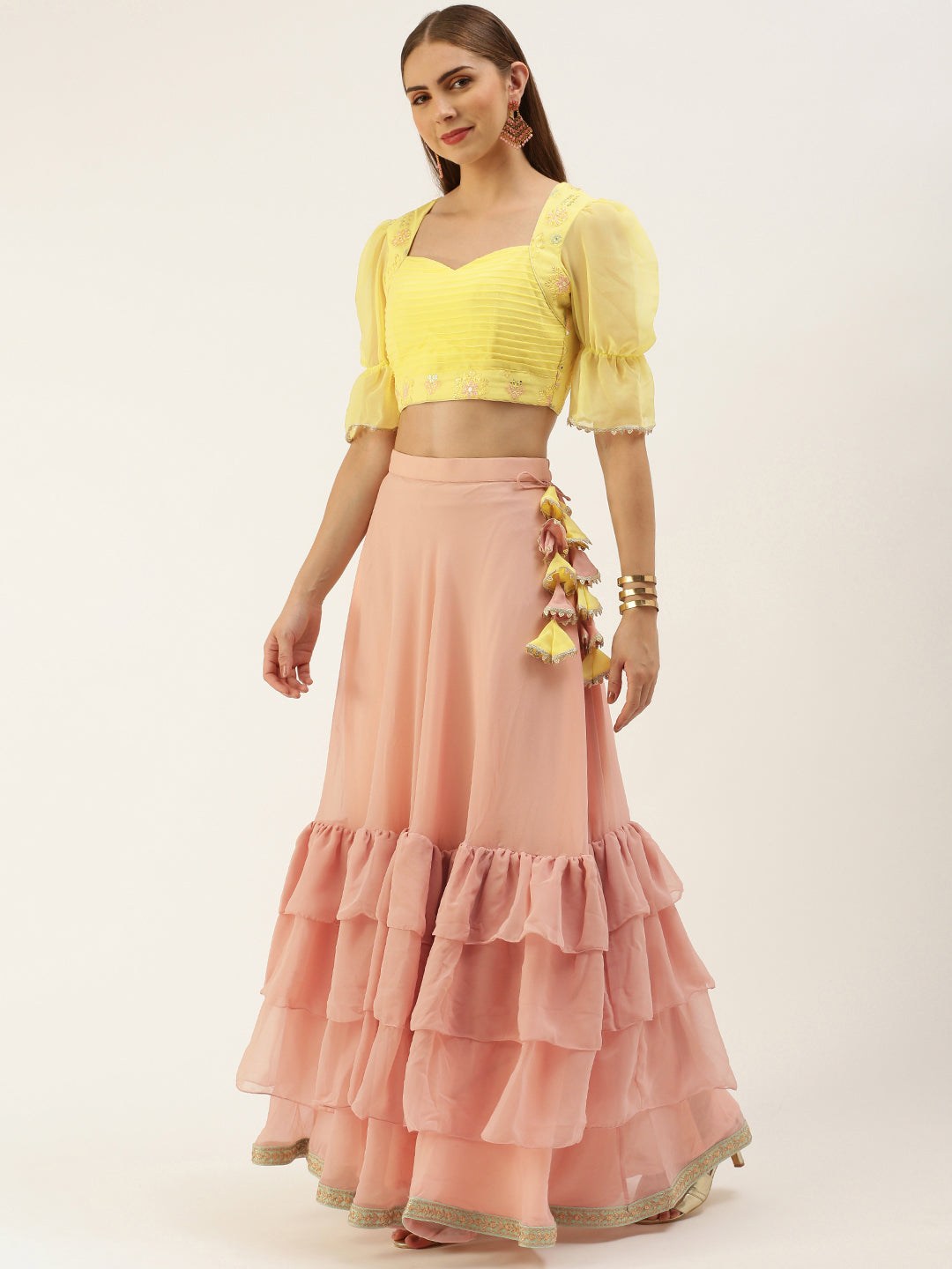 Bollywood Vogue Ready To Wear Yellow N Pink Embroidered Layered Lehenga Set - Front View