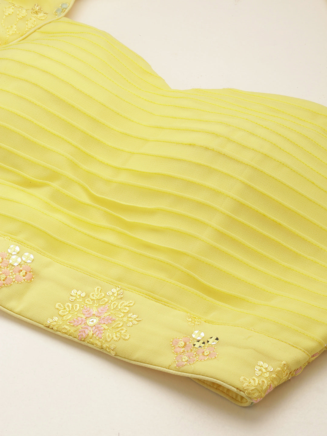 Bollywood Vogue Ready To Wear Yellow N Pink Embroidered Layered Lehenga Set - Additional View 2