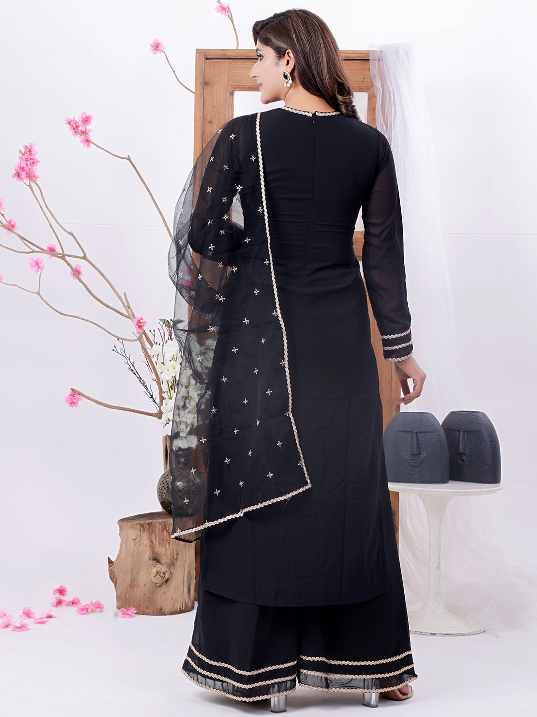 Bollywood Vogue Ready To Wear Black Georgette Embroidered Straight Suit N Palazzo - Back View