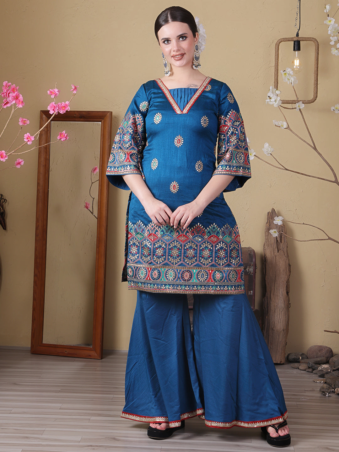 Bollywood Vogue Ready To Wear Blue Art Silk Embroidered Gharara Set - Side View