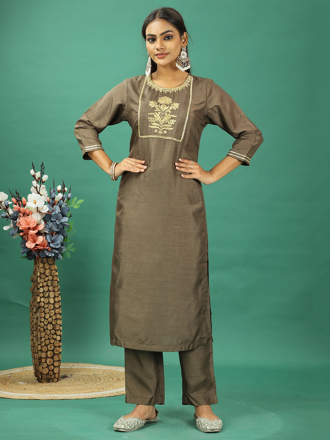 Bollywood Vogue Ready To Wear Green Art Silk Straight Pant Suit - Side View