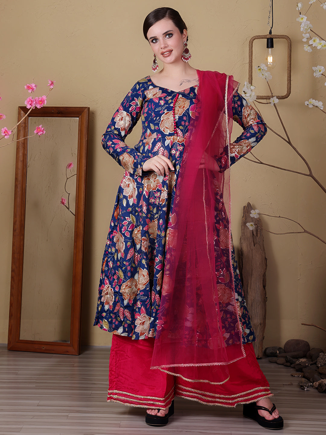 Bollywood Vogue Ready To Wear Blue Viscose Printed N Pink Chinon Anarkali Suit - Front View