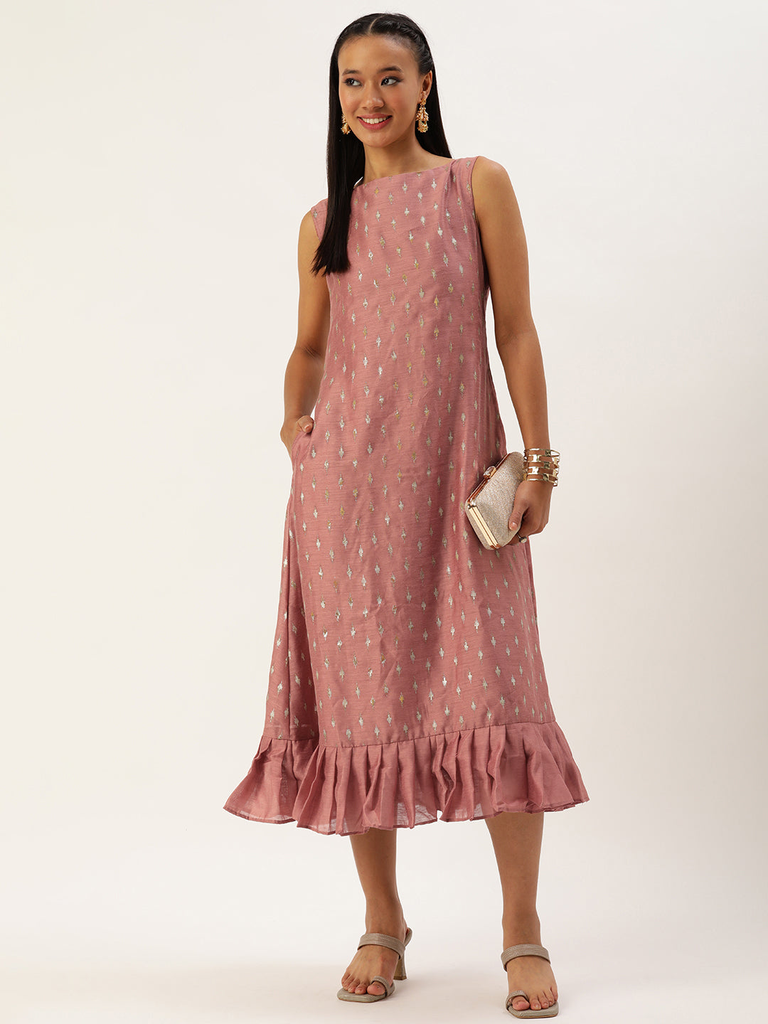 Bollywood Vogue Ready To Wear Peach Art Silk Foil Print Dress - Front View