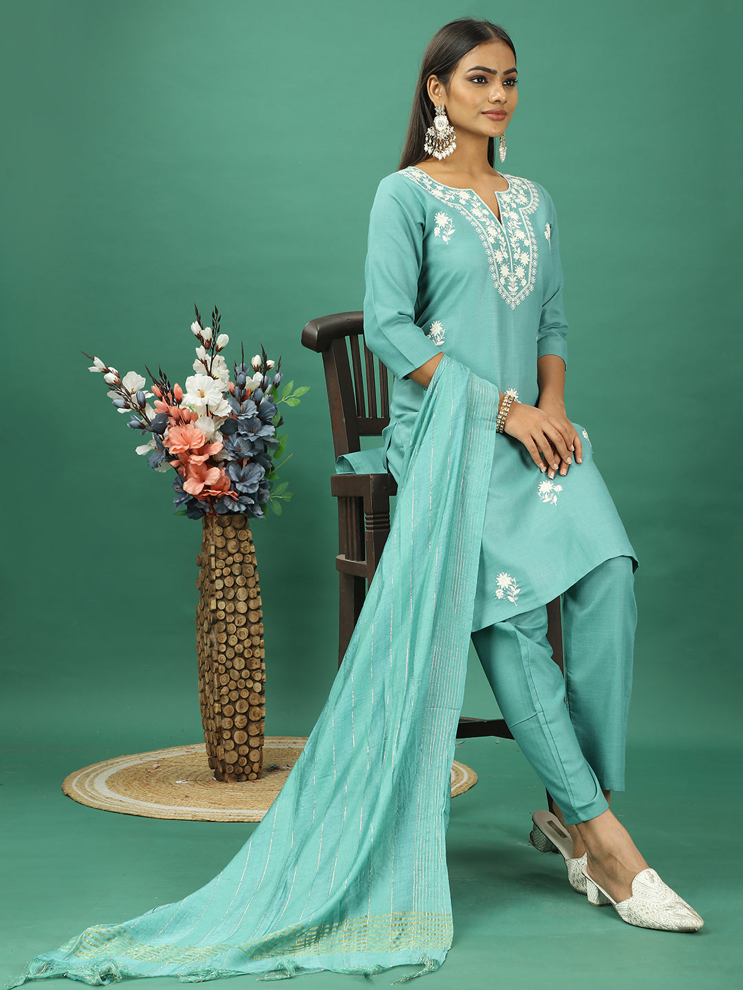 Bollywood Vogue Ready To Wear Green Rayon Embroidered Straight Pant Suit - Additional View 2