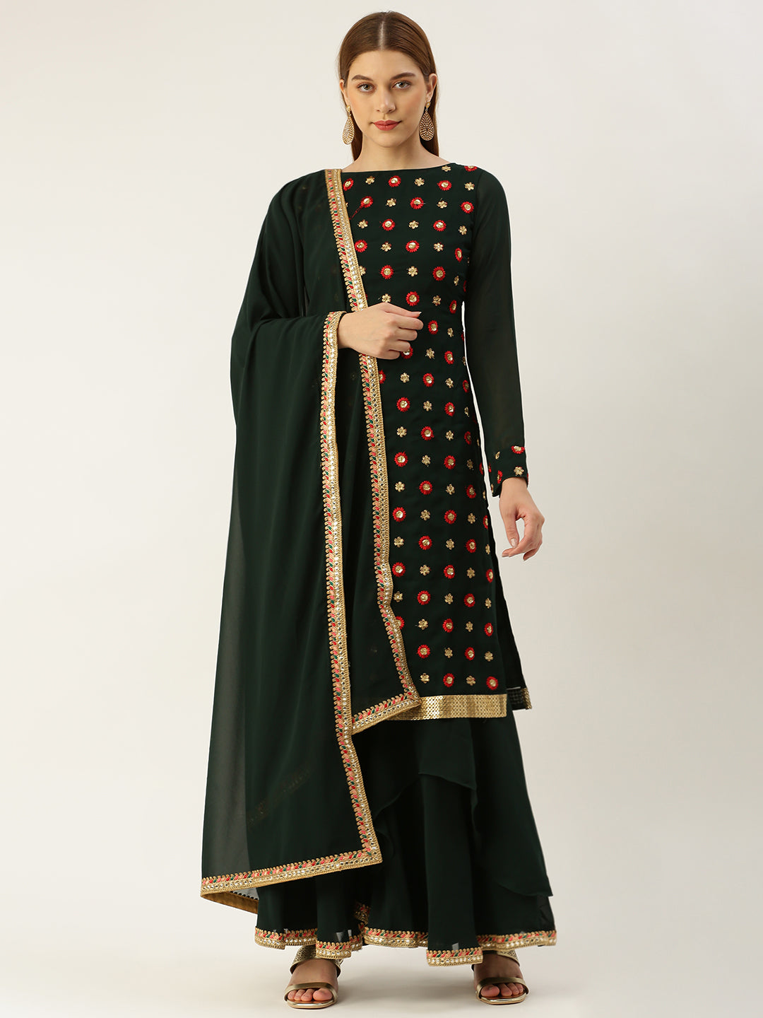 Bollywood Vogue Ready To Wear Dark Pink Embroidered Asymmetrical Gharara Suit - Front View
