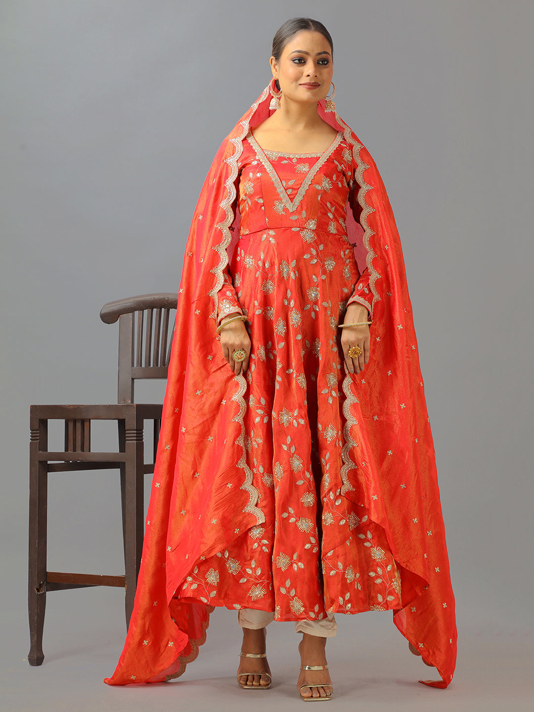 Bollywood Vogue Ready To Wear Red Dual Tone Viscose Embroidered Anarkali Suit - Front View
