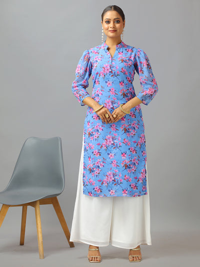 Bollywood Vogue Ready To Wear Blue N White Georgette Kurta Palazzo Set - Front View