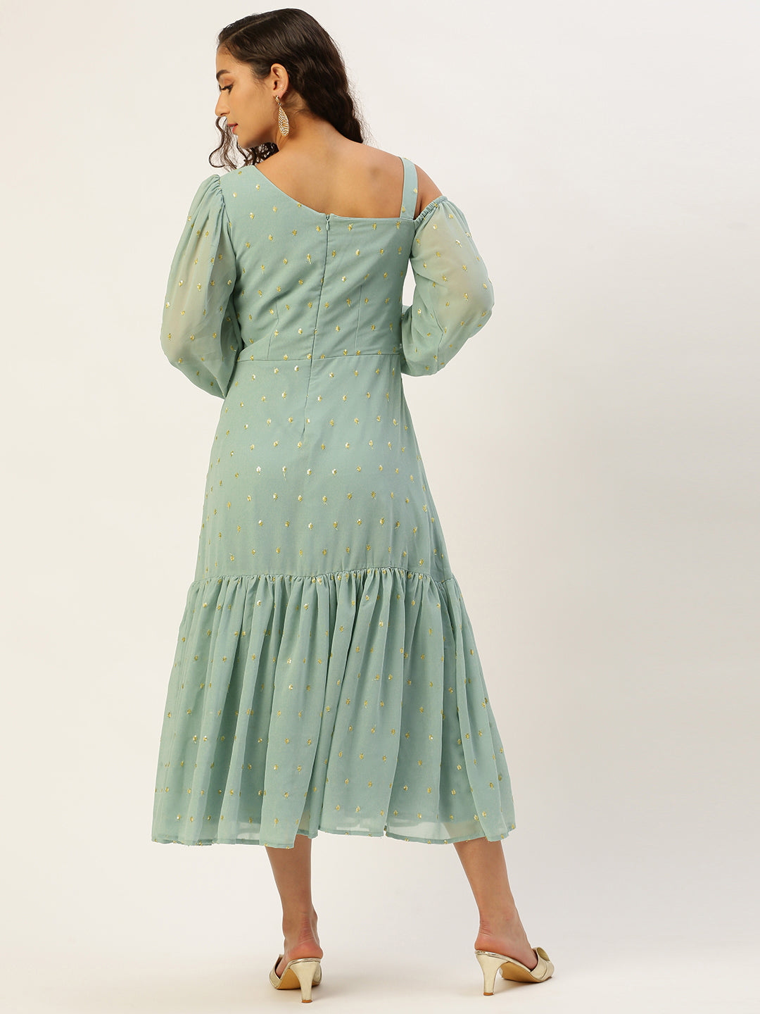 Bollywood Vogue Ready To Wear Green Georgette Embroidered Dress - Side View