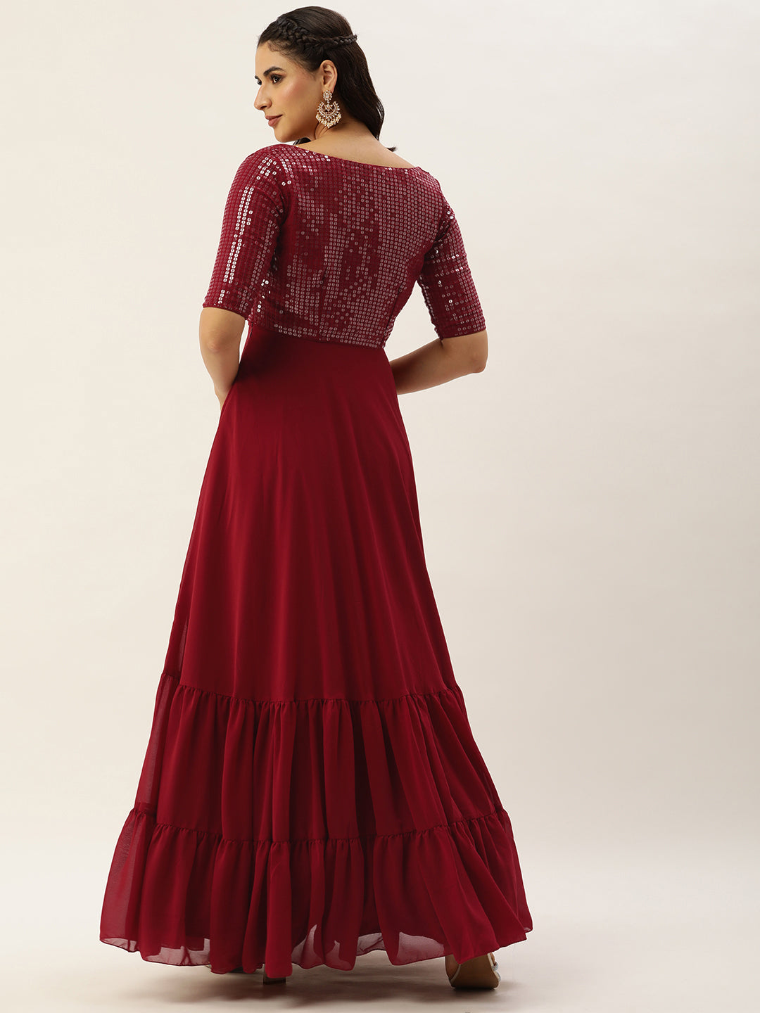 Bollywood Vogue Ready To Wear Maroon Embroidered Georgette Jacket Style Gown - Back View