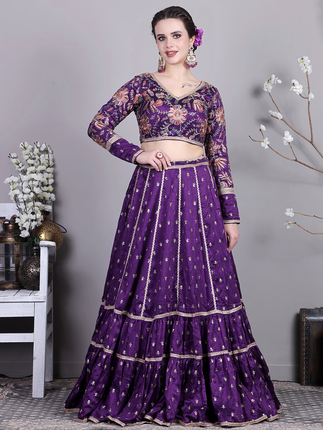 Bollywood Vogue Ready To Wear Classic Blouse With Art Silk N Net Lehenga Set - Side View