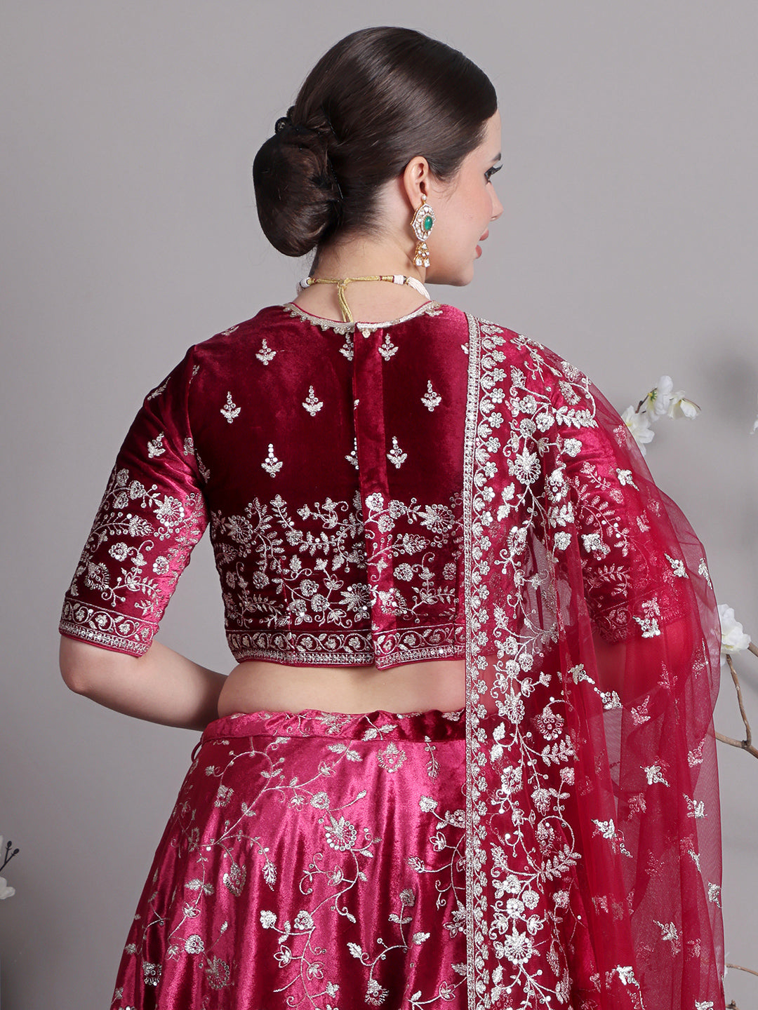 Bollywood Vogue Ready To Wear Classic Blouse With Pink Velvet Embroidered Lehenga - Additional View 1