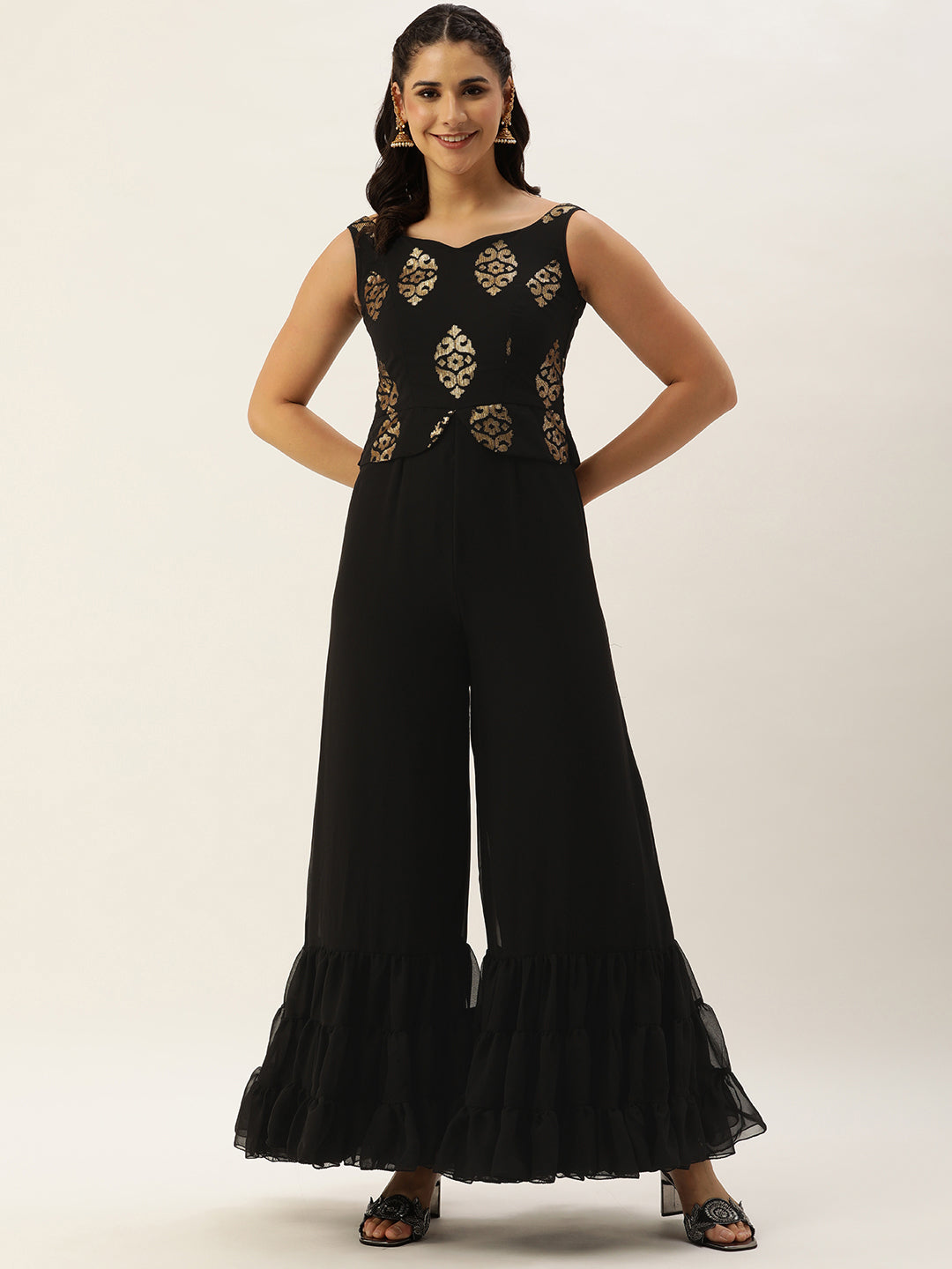 Bollywood Vogue Ready To Wear Black Georgette Sequins Jumpsuit - Front View