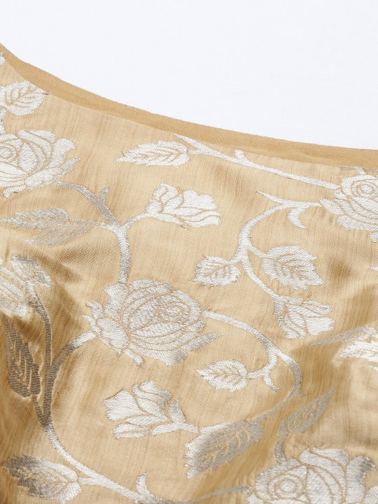 Bollywood Vogue Ready To Wear Beige Brocade Boat Neck Flared Dress - Detail View